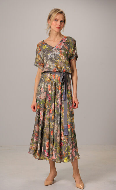 SILK BLEND MIDI DRESS ASTRID FOG FLOWERS