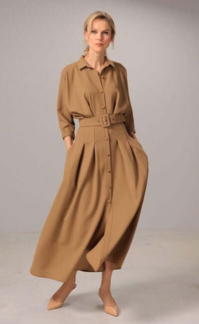 LIGHTWEIGHT WOOL MIDI DRESS IRA CARAMEL BROWN