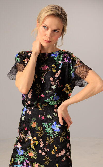 SILK JAQUARD TOP EVA BLACK BIRDS