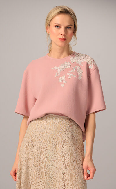 DOUBLE WOOL CREPE TOP KATI BLUSH PINK EMBROIDED