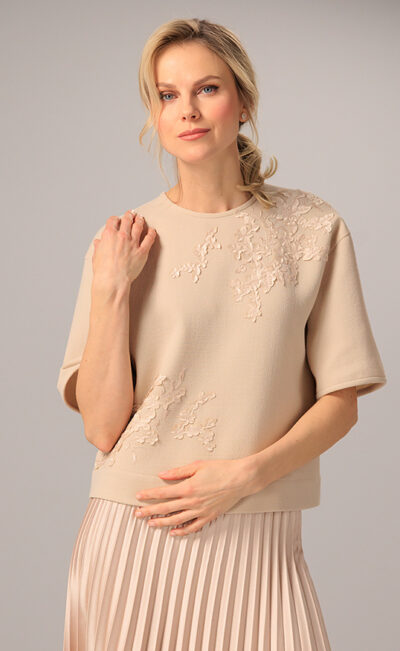 DOUBLE WOOL CREPE TOP KATI LIGHT BEIGE EMBROIDED