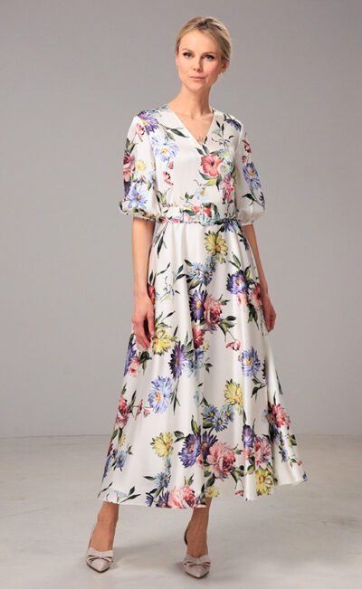 SILK MIDI DRESS DIANA WHITE FLOWERS