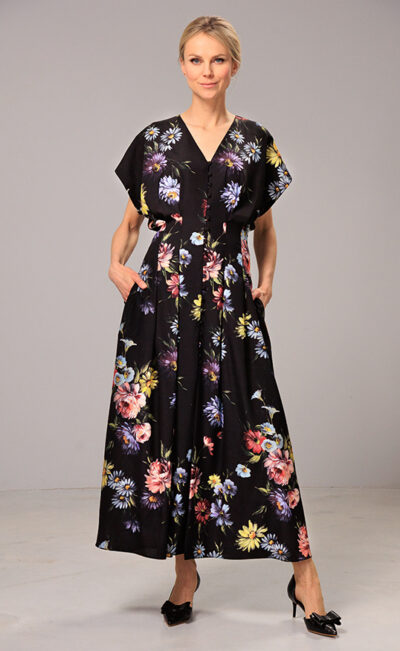 SILK MIDI DRESS IRA BLACK FLOWERS