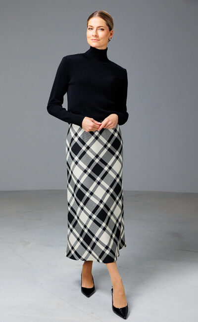 VIRGIN WOOL SKIRT MATILDA BLACK AND OFF-WHITE TARTAN CHECK