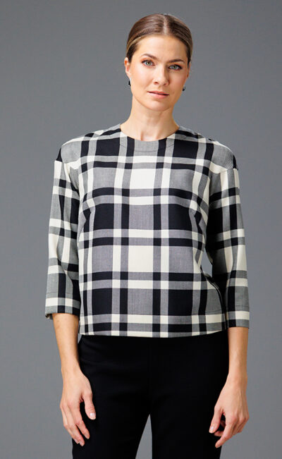 VIRGIN WOOL TOP EVI BLACK AND OFF-WHITE TARTAN CHECK